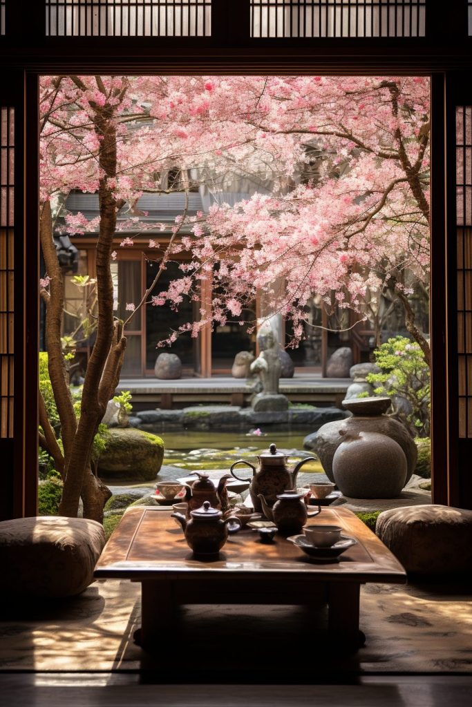 Traditional Machiya Room with a View of Cherry Blossom Landscape AI Artwork 6