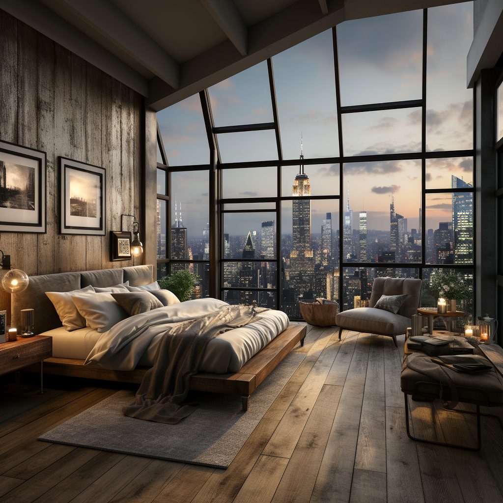 A Modern Rustic-Style Bedroom with New York City View AI Artwork 10