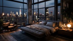 Image showcasing A Modern Rustic-Style Bedroom with New York City View