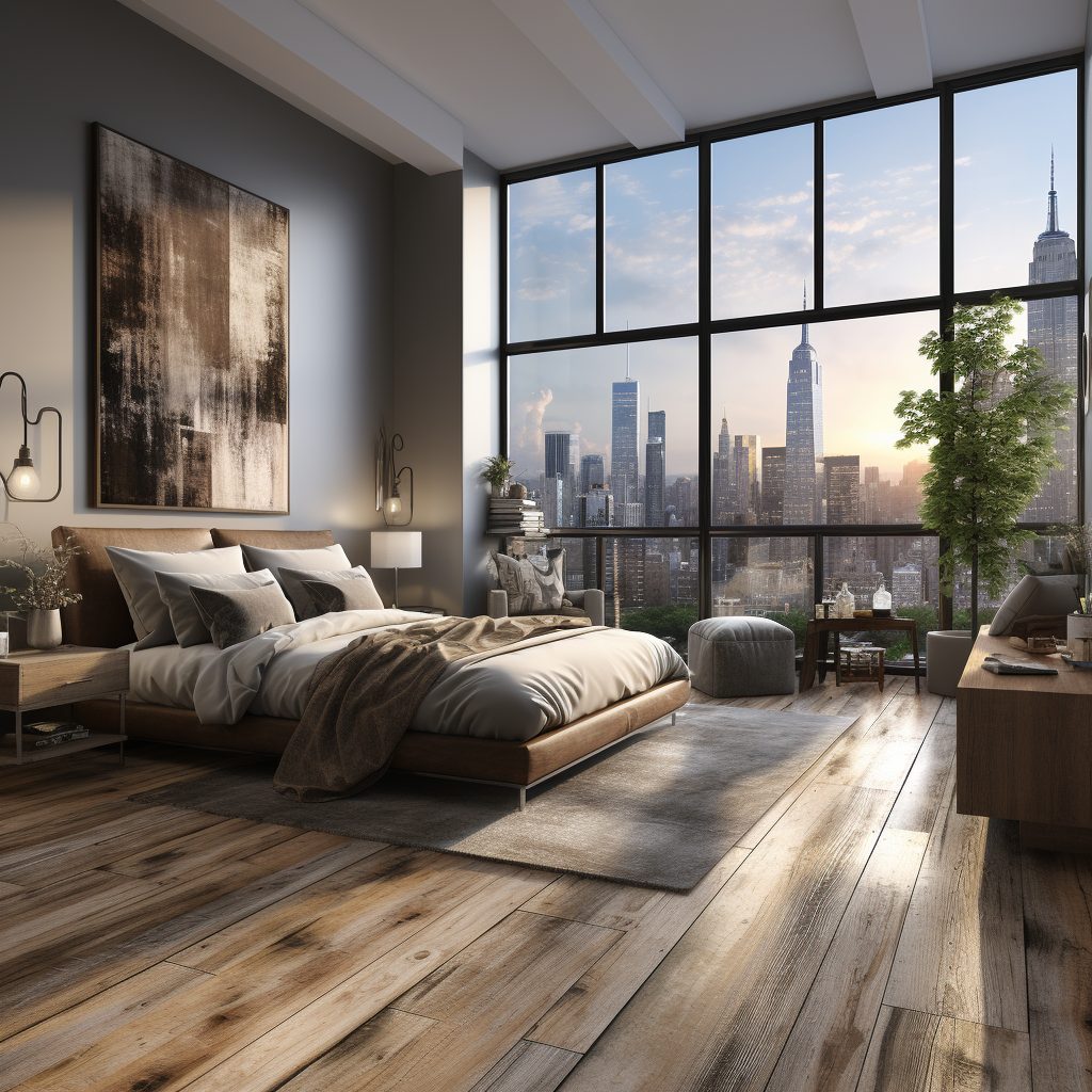 A Modern Rustic-Style Bedroom with New York City View AI Artwork 22