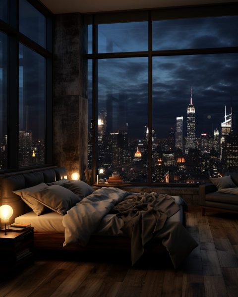 A Modern Rustic-Style Bedroom with New York City View