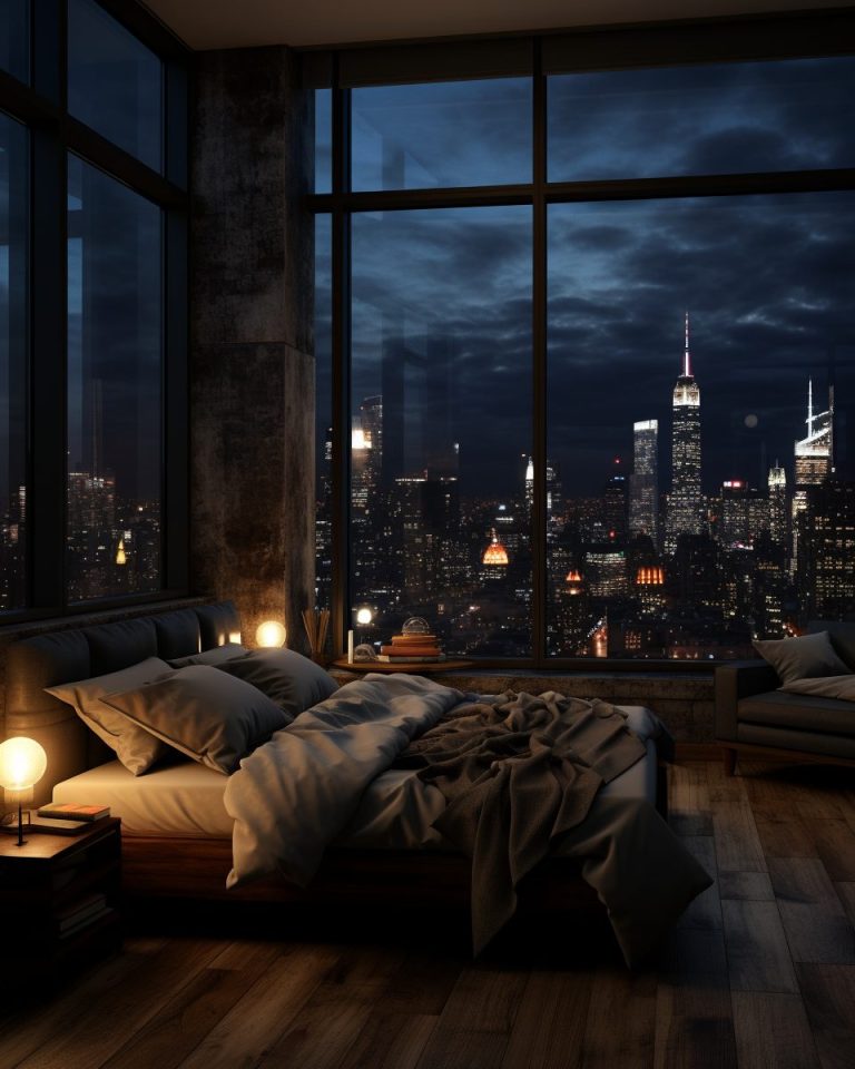 A Modern Rustic-Style Bedroom with New York City View