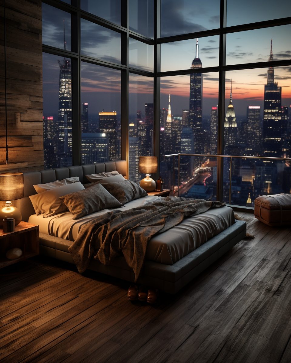 A Modern Rustic-Style Bedroom with New York City View