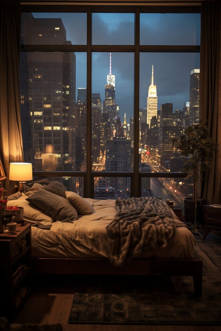 A Modern Rustic-Style Bedroom with New York City View