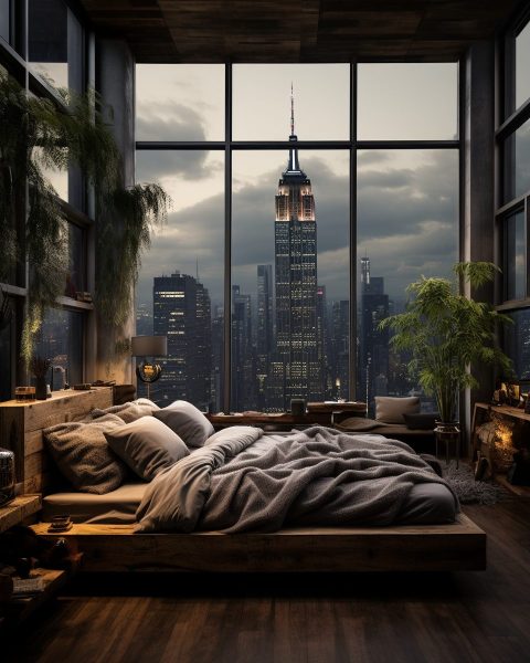 A Modern Rustic-Style Bedroom with New York City View