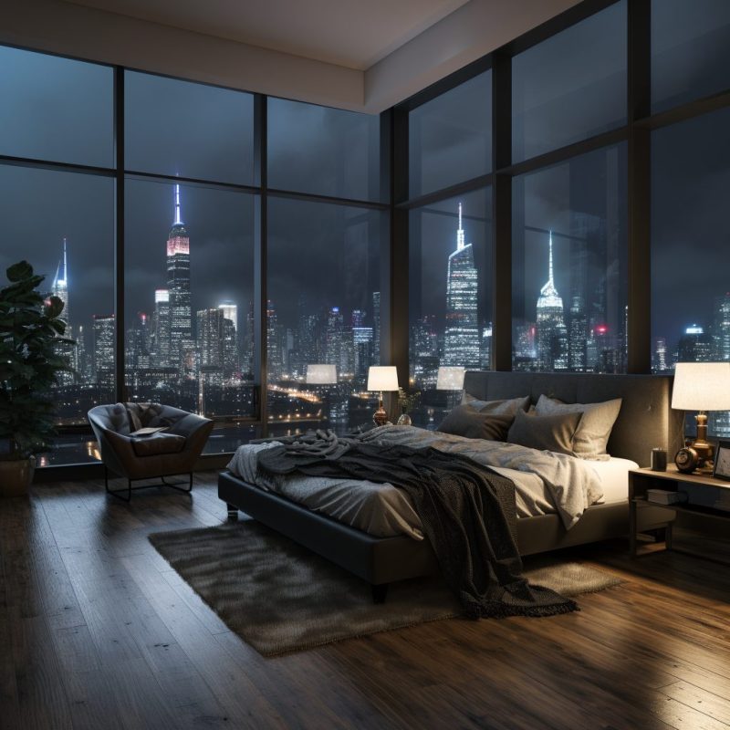 A Modern Rustic-Style Bedroom with New York City View AI Artwork
