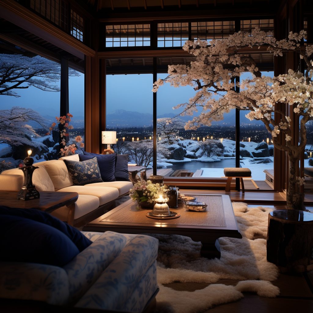 A Traditional Japanese House with a View of Snow-Covered Kyoto Town AI Artwork 34