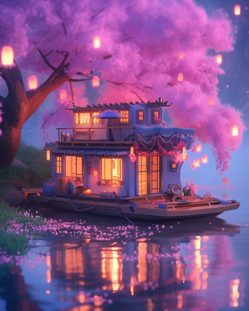 A Wooden Houseboat with Beautiful Scenic Views AI Artwork 3