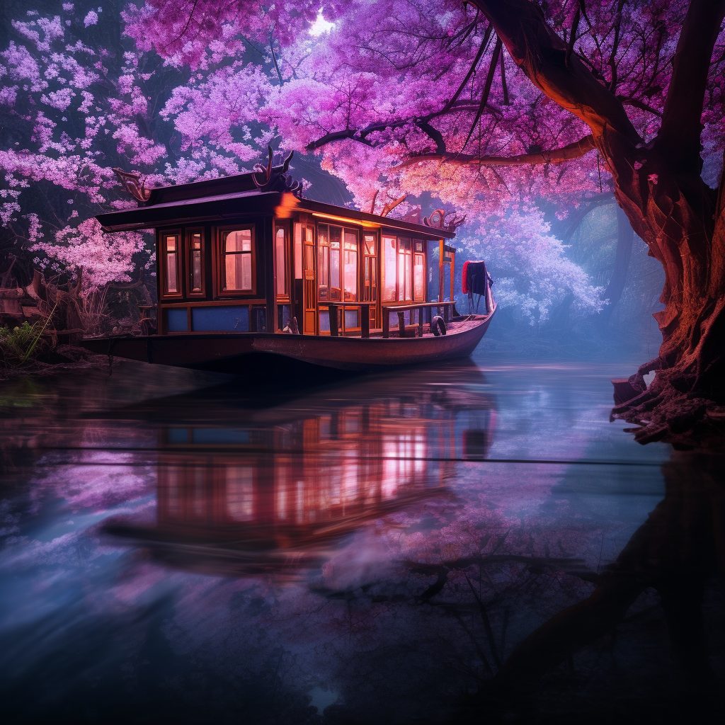 A Wooden Houseboat with Beautiful Scenic Views AI Artwork 31