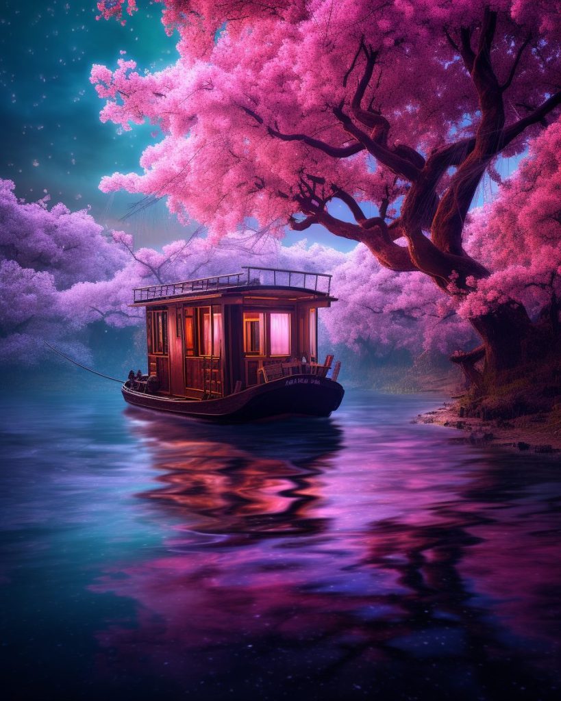 A Wooden Houseboat with Beautiful Scenic Views AI Artwork 4