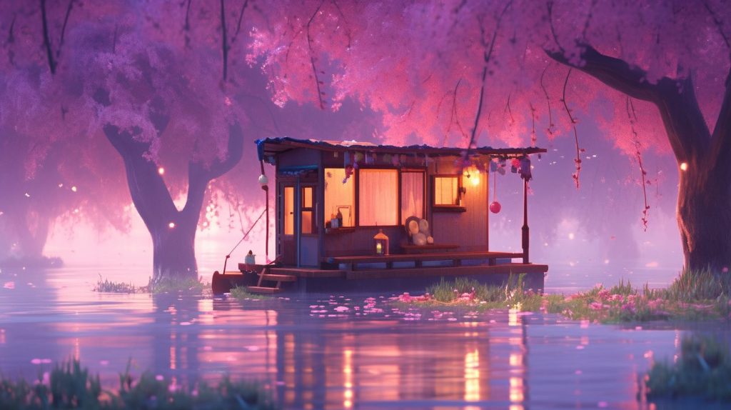 A Wooden Houseboat with Beautiful Scenic Views AI Artwork 6