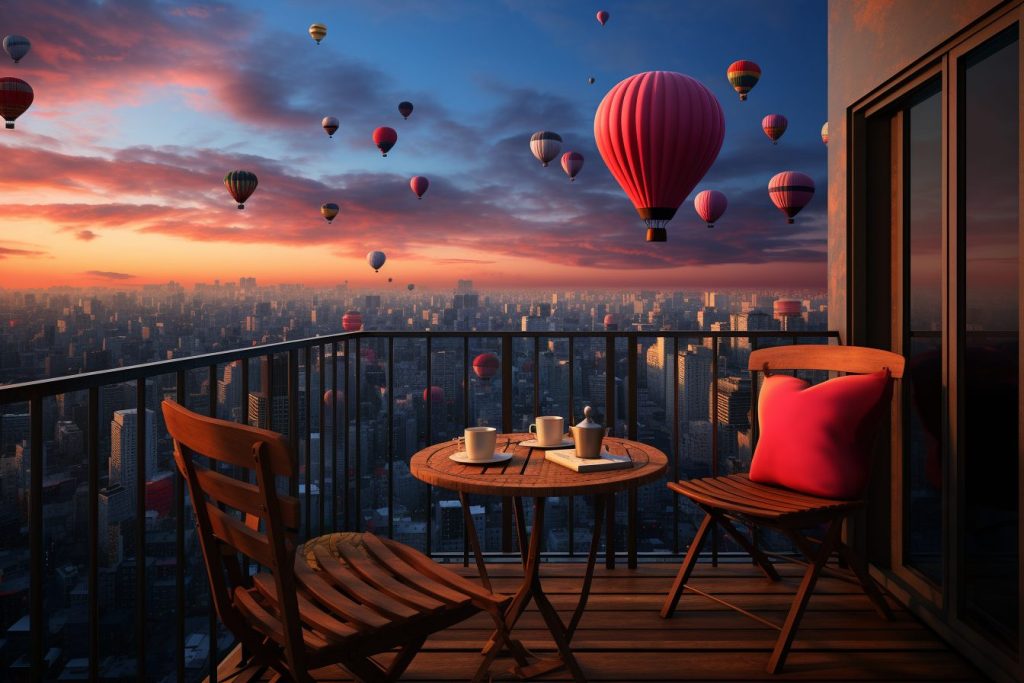 Balcony with a View of Hot Air Balloons in the Sky AI Artwork 10