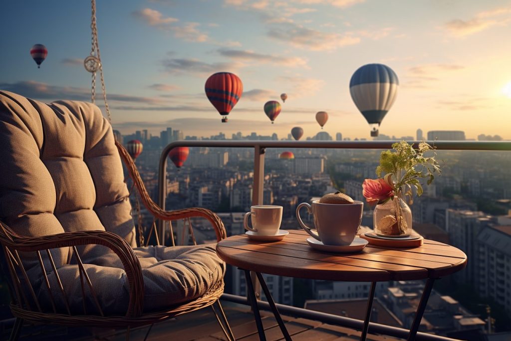 Balcony with a View of Hot Air Balloons in the Sky AI Artwork 12