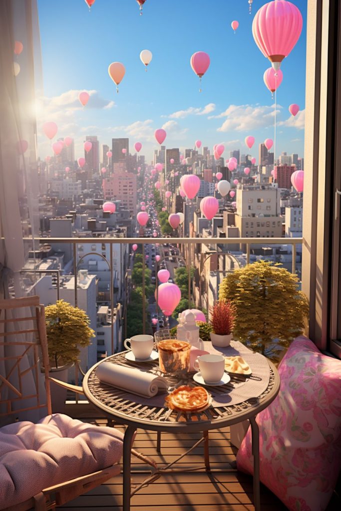 Balcony with a View of Hot Air Balloons in the Sky AI Artwork 15