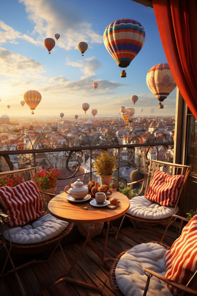 Balcony with a View of Hot Air Balloons in the Sky AI Artwork 22