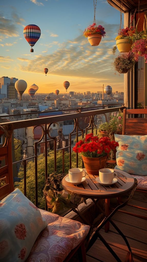 Balcony with a View of Hot Air Balloons in the Sky AI Artwork 8