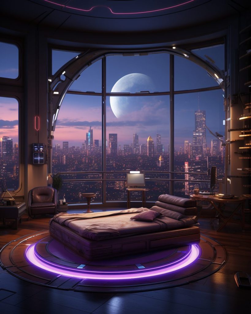 Cyberpunk Apartment with Wood Accent and a Cityscape View AI Artwork 13