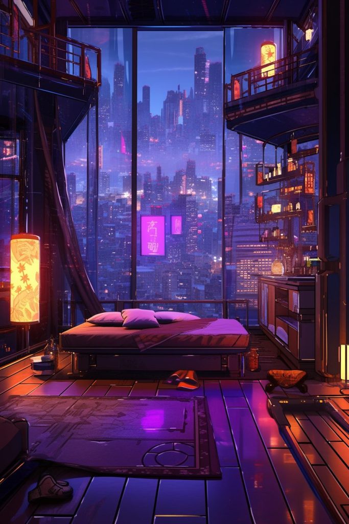 Cyberpunk Apartment with Wood Accent and a Cityscape View AI Artwork 19