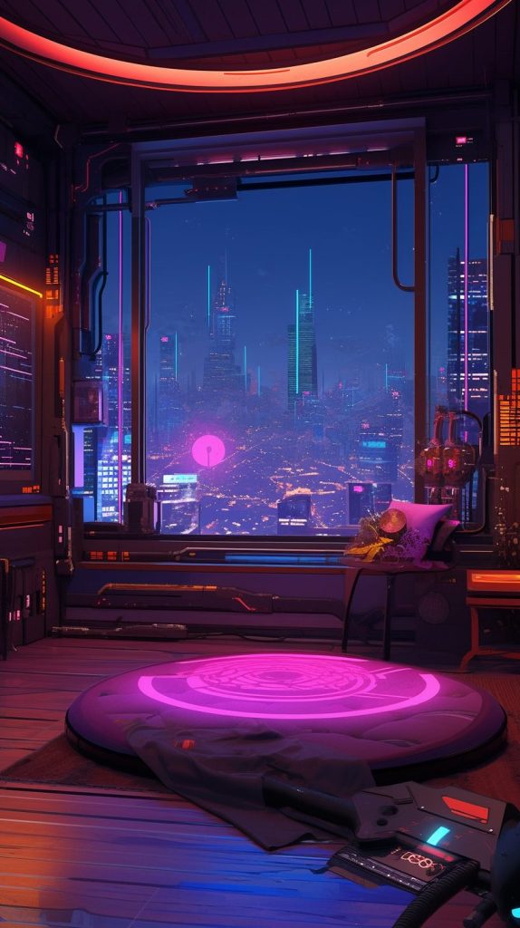 Cyberpunk Apartment with Wood Accent and a Cityscape View AI Artwork 25