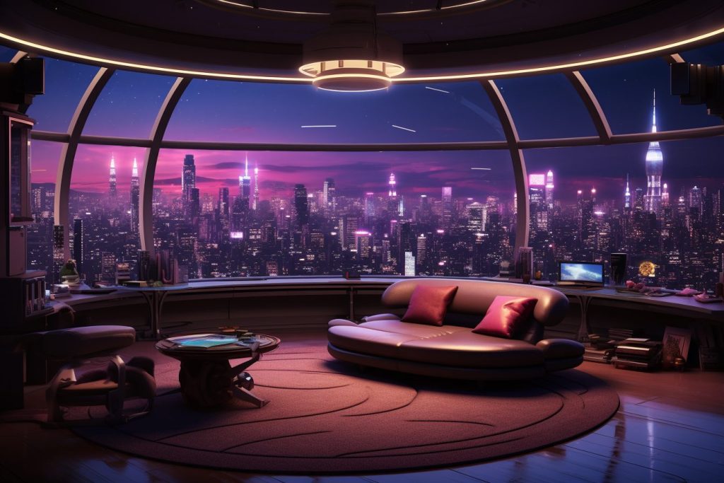 Cyberpunk Apartment with Wood Accent and a Cityscape View AI Artwork 28