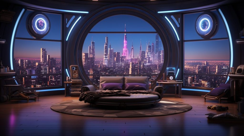 Cyberpunk Apartment with Wood Accent and a Cityscape View AI Artwork 33