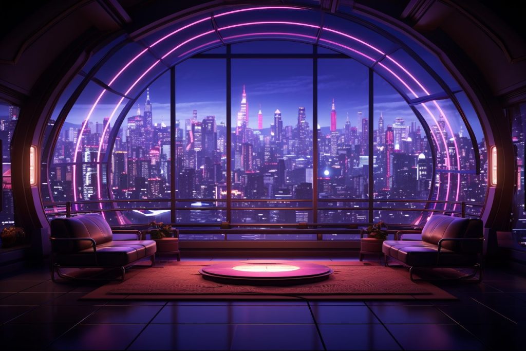 Cyberpunk Apartment with Wood Accent and a Cityscape View AI Artwork 38