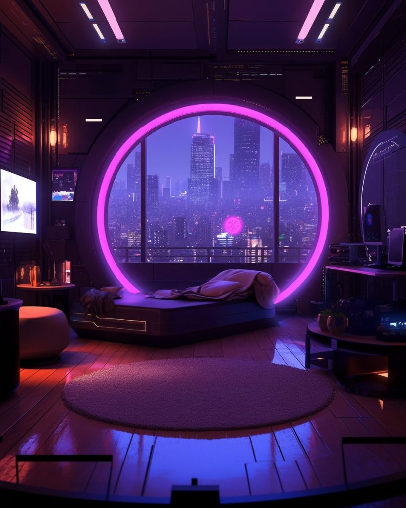 Cyberpunk Apartment with Wood Accent and a Cityscape View AI Artwork 41