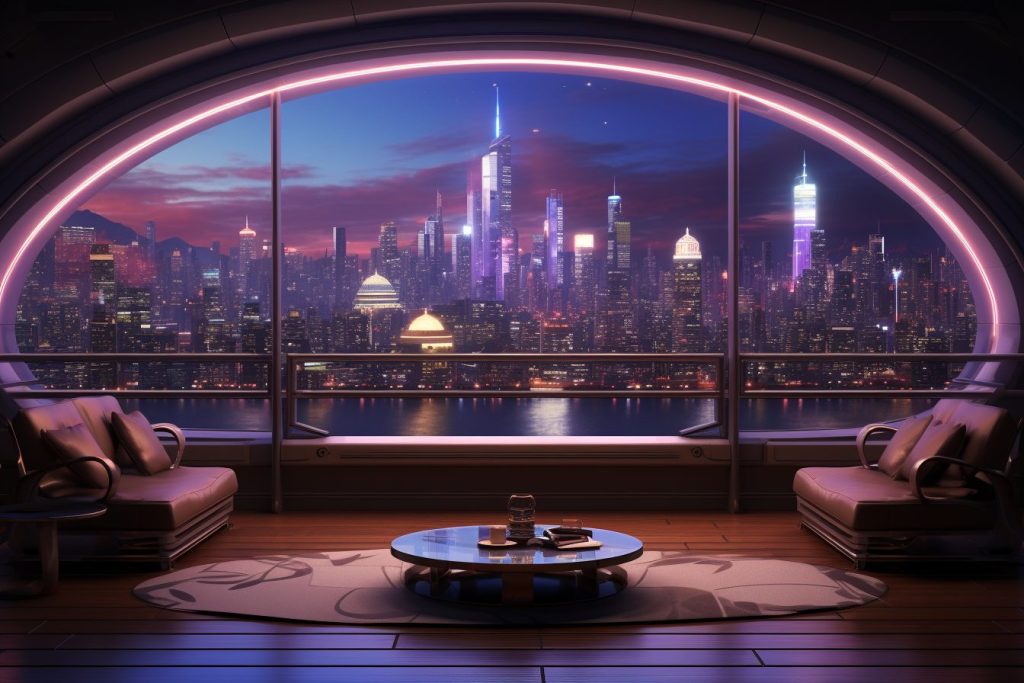 Cyberpunk Apartment with Wood Accent and a Cityscape View AI Artwork 42