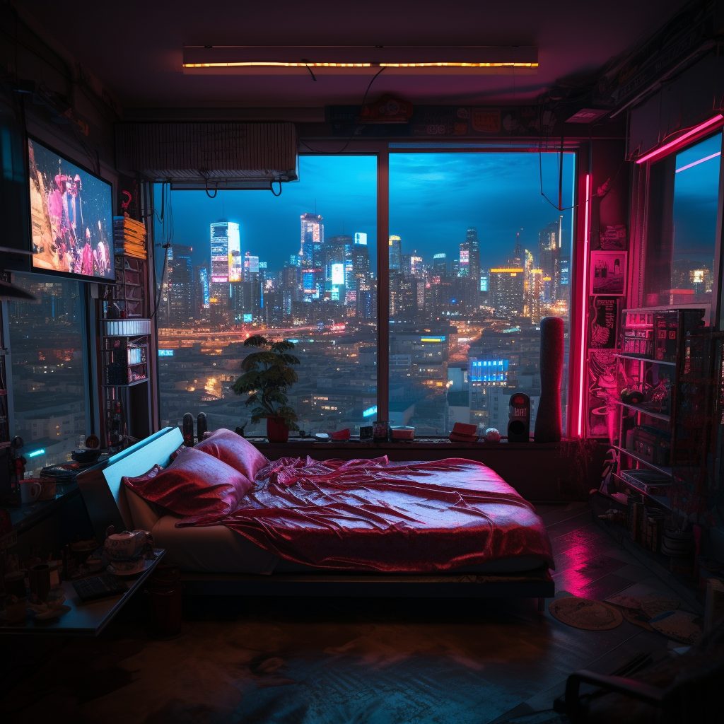 Cyberpunk Bedrooms With Cityscape Views AI Artwork 10