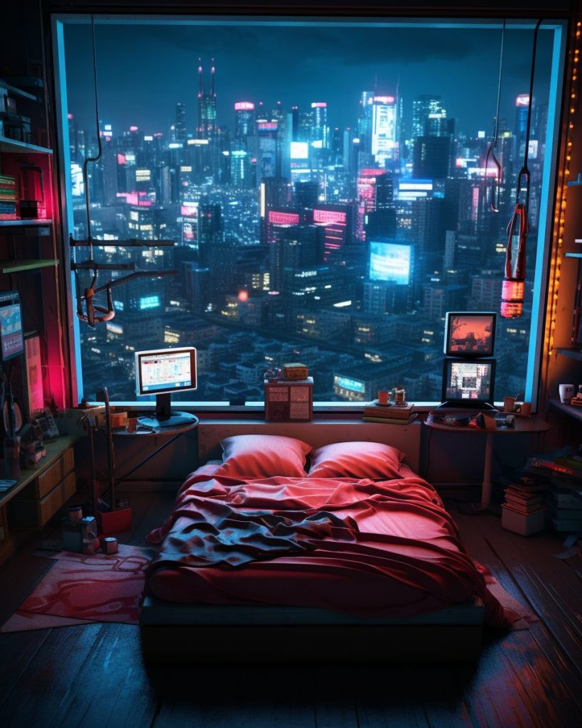 Cyberpunk Bedrooms With Cityscape Views AI Artwork 11