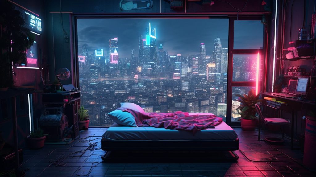Cyberpunk Bedrooms With Cityscape Views AI Artwork 12