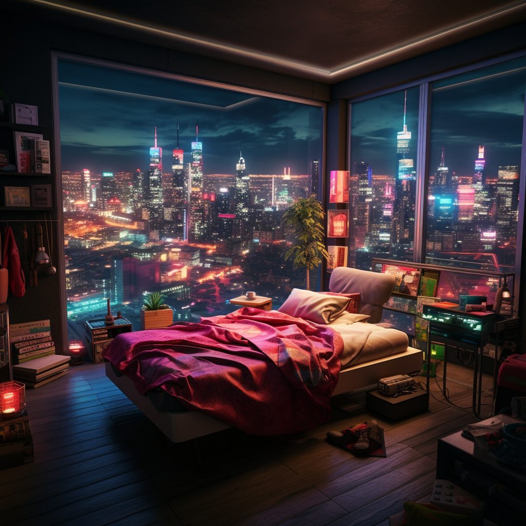 Cyberpunk Bedrooms With Cityscape Views AI Artwork 13