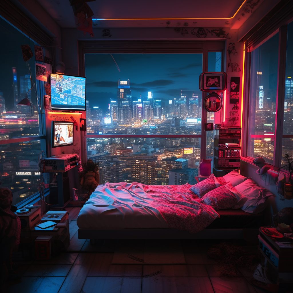Cyberpunk Bedrooms With Cityscape Views AI Artwork 14