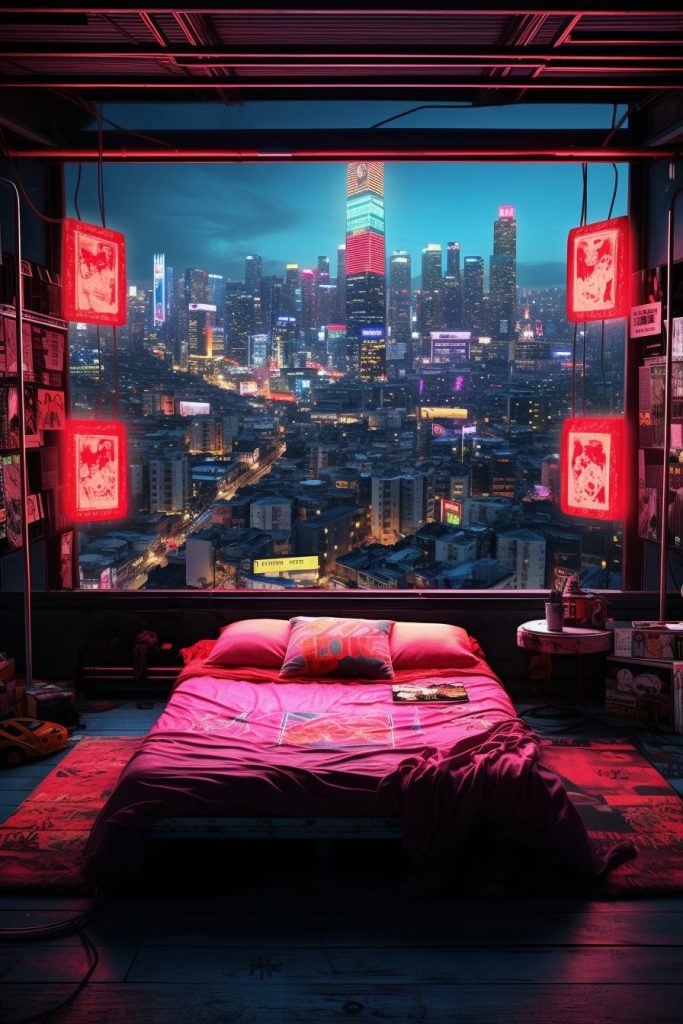 Cyberpunk Bedrooms With Cityscape Views AI Artwork 15