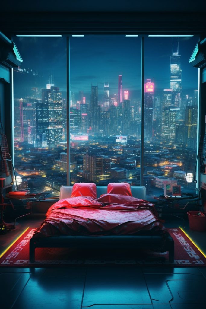 Cyberpunk Bedrooms With Cityscape Views AI Artwork 16