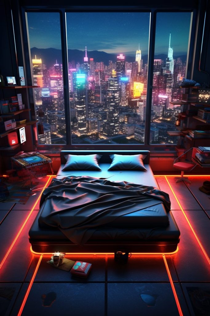 Cyberpunk Bedrooms With Cityscape Views AI Artwork 17