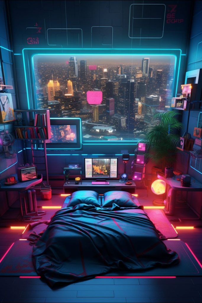 Cyberpunk Bedrooms With Cityscape Views AI Artwork 18