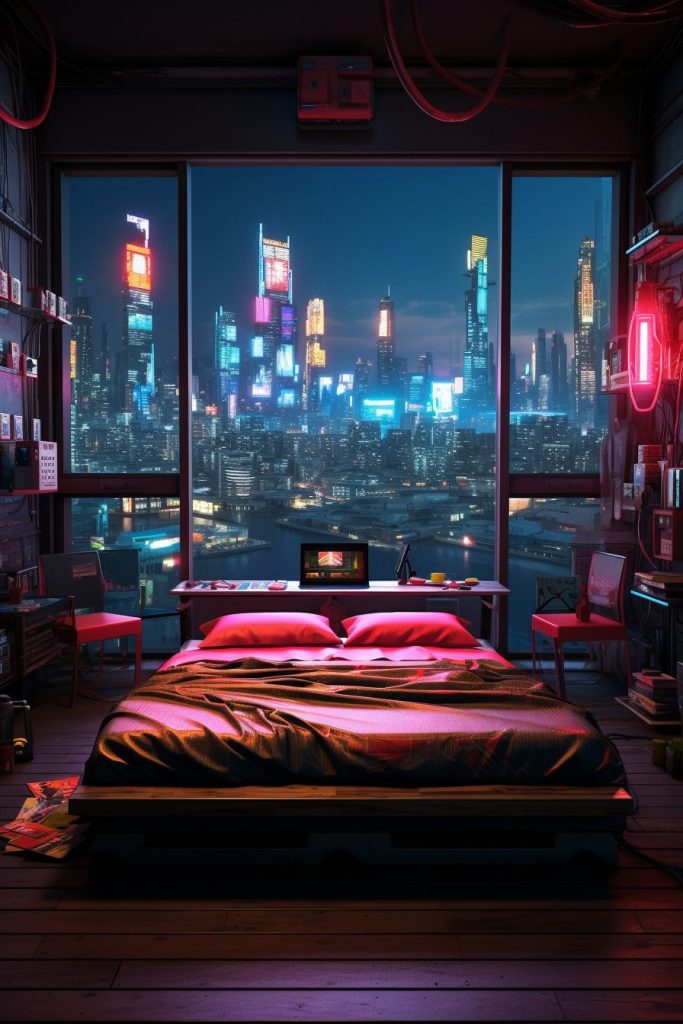 Cyberpunk Bedrooms With Cityscape Views AI Artwork 19