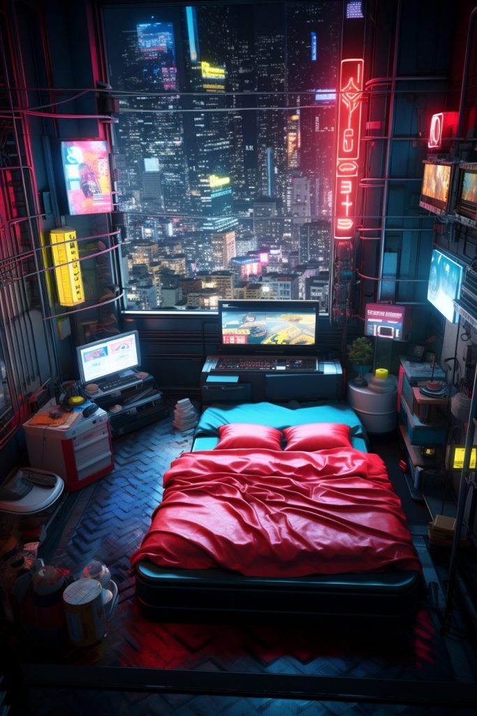 Cyberpunk Bedrooms With Cityscape Views AI Artwork 2