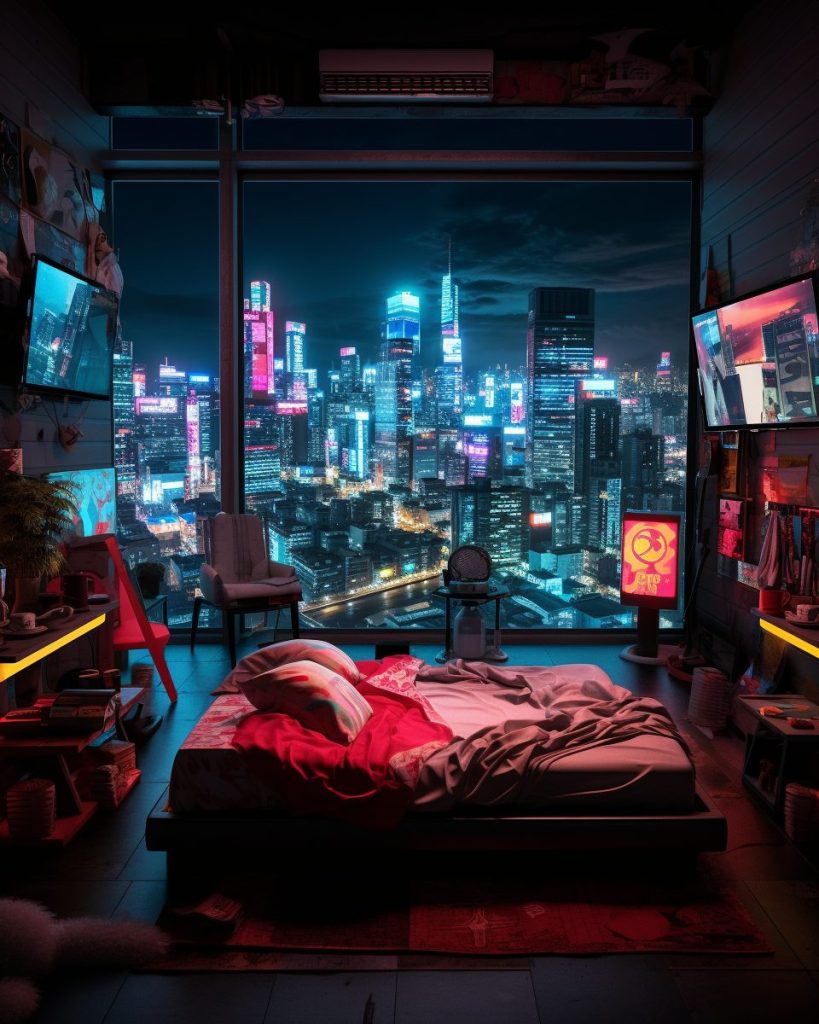 Cyberpunk Bedrooms With Cityscape Views AI Artwork 20