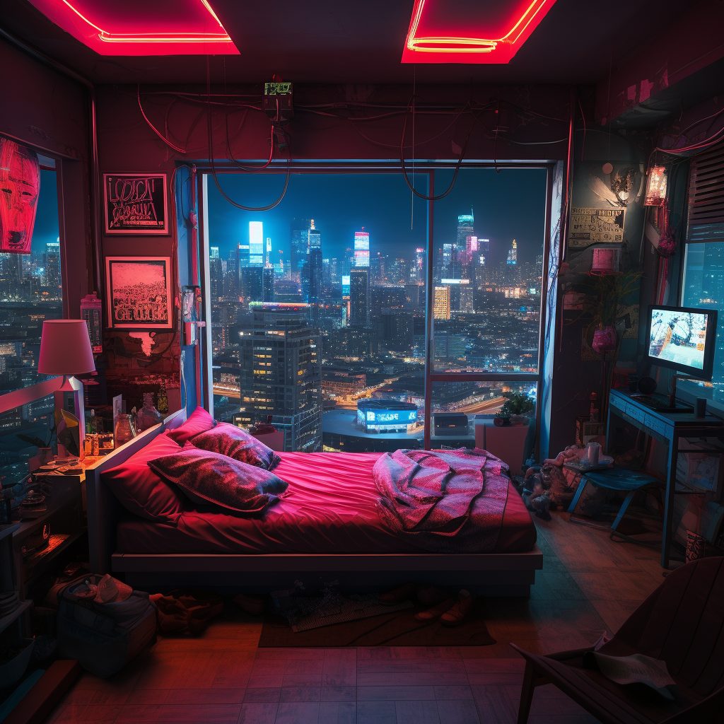 Cyberpunk Bedrooms With Cityscape Views AI Artwork 22