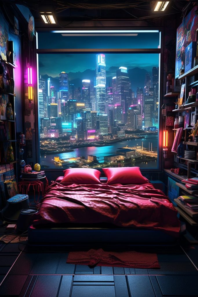 Cyberpunk Bedrooms With Cityscape Views AI Artwork 23