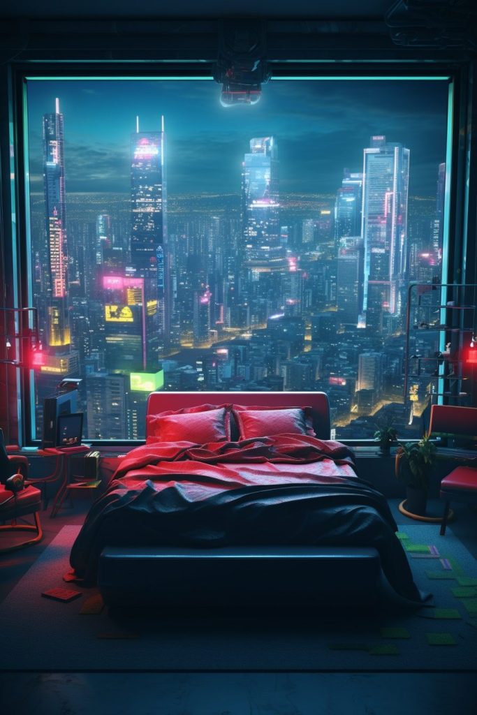Cyberpunk Bedrooms With Cityscape Views AI Artwork 24