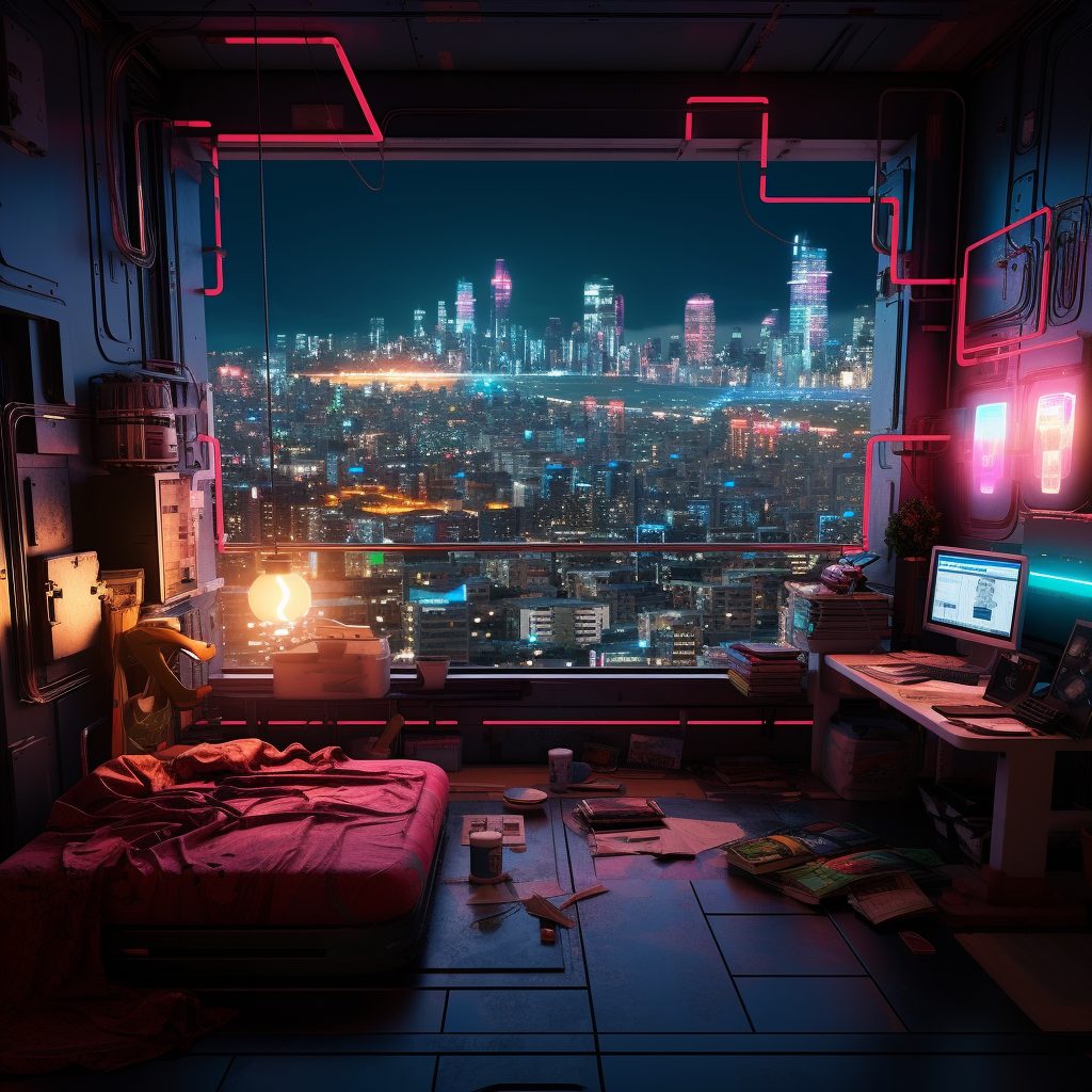Cyberpunk Bedrooms With Cityscape Views AI Artwork 25