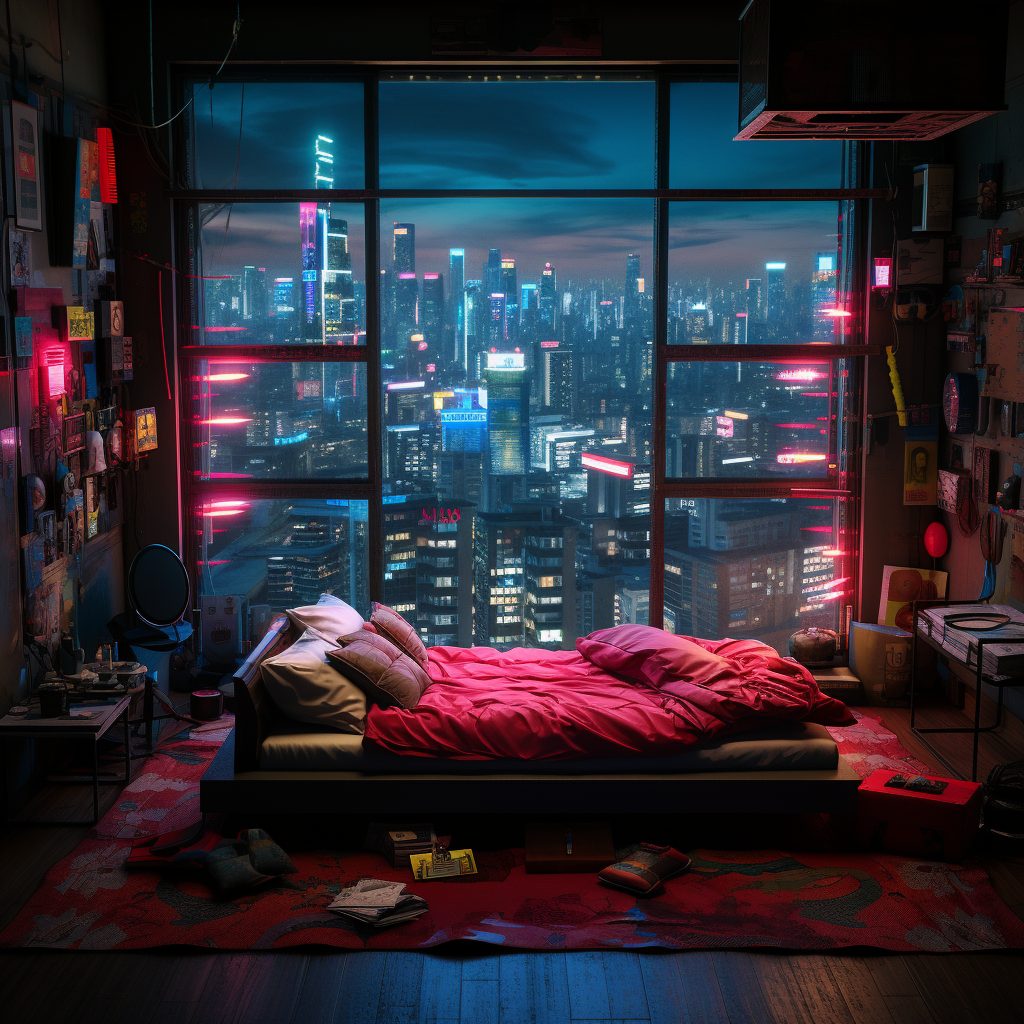 Cyberpunk Bedrooms With Cityscape Views AI Artwork 26
