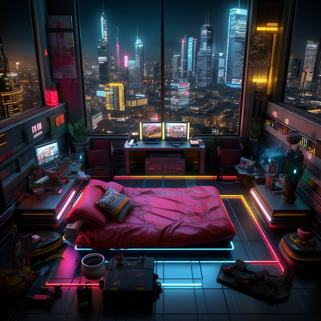 Cyberpunk Bedrooms With Cityscape Views AI Artwork 27