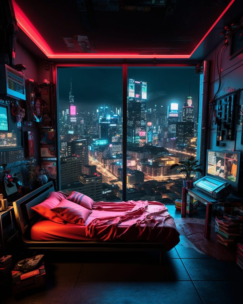 Cyberpunk Bedrooms With Cityscape Views AI Artwork 28