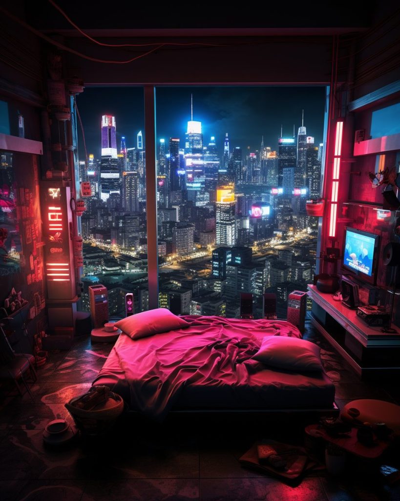 Cyberpunk Bedrooms With Cityscape Views AI Artwork 29