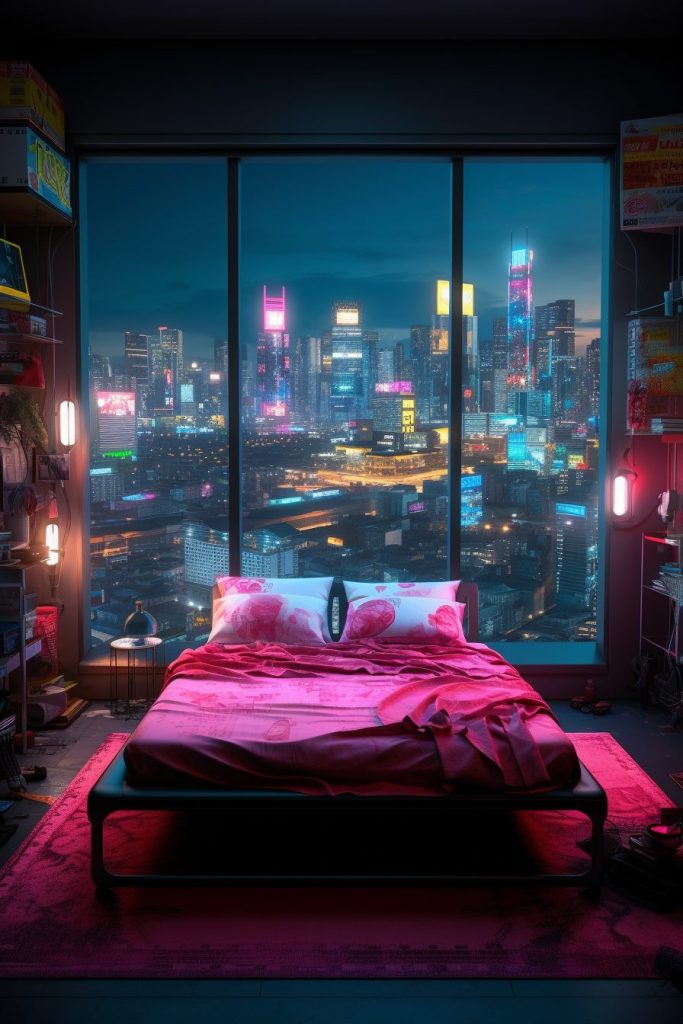 Cyberpunk Bedrooms With Cityscape Views AI Artwork 3
