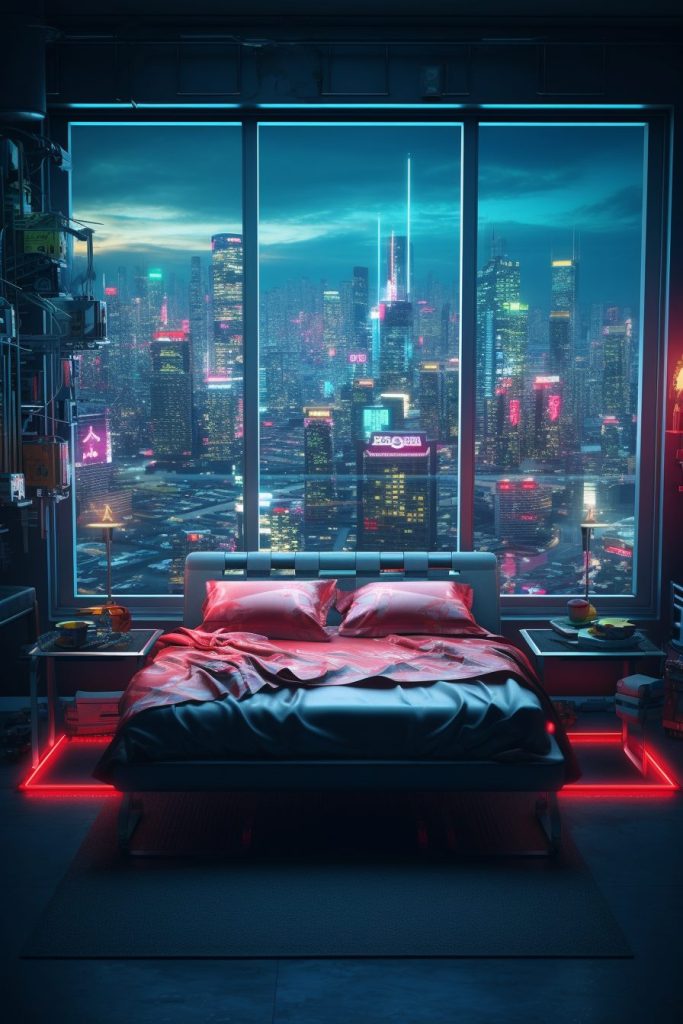 Cyberpunk Bedrooms With Cityscape Views AI Artwork 30